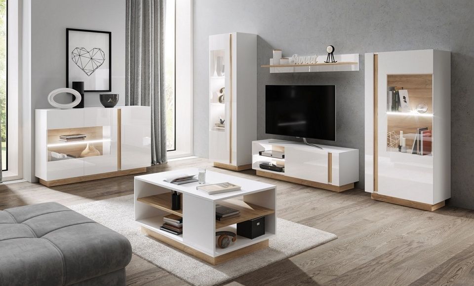 Висока Витрина в гостиную Marco 1D1W/60 Бял/Бял гланц/Дъб грандсон &ndash; Рафтове и етажерки, артикул PFH-091029 | Altek Mebel