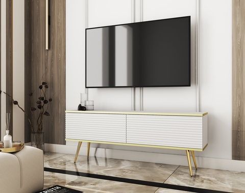Тумба под ТВ Oro RTV135 MDF 2D Белый (золотые ножки) &ndash; Секции и тумбы для телевизоров, артикул PFH-091329 | Altek Mebel