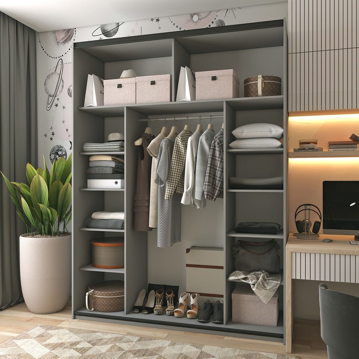 Шкаф купе G-Caiser Графит Графит 2 ДСП / 3 части 180х60х240 &ndash; С раздвижными дверями, артикул 04-42005089 | Altek Mebel